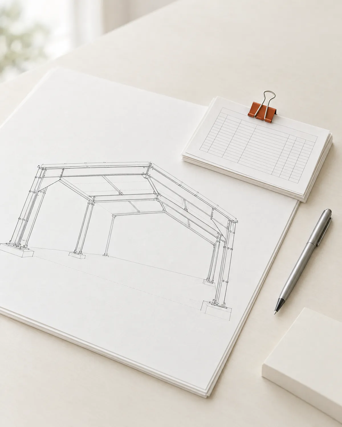 Illustration of a squared set of portal frame drawings and quantity sheets held by a rust-coloured clip, a pen beside the blank corner block.