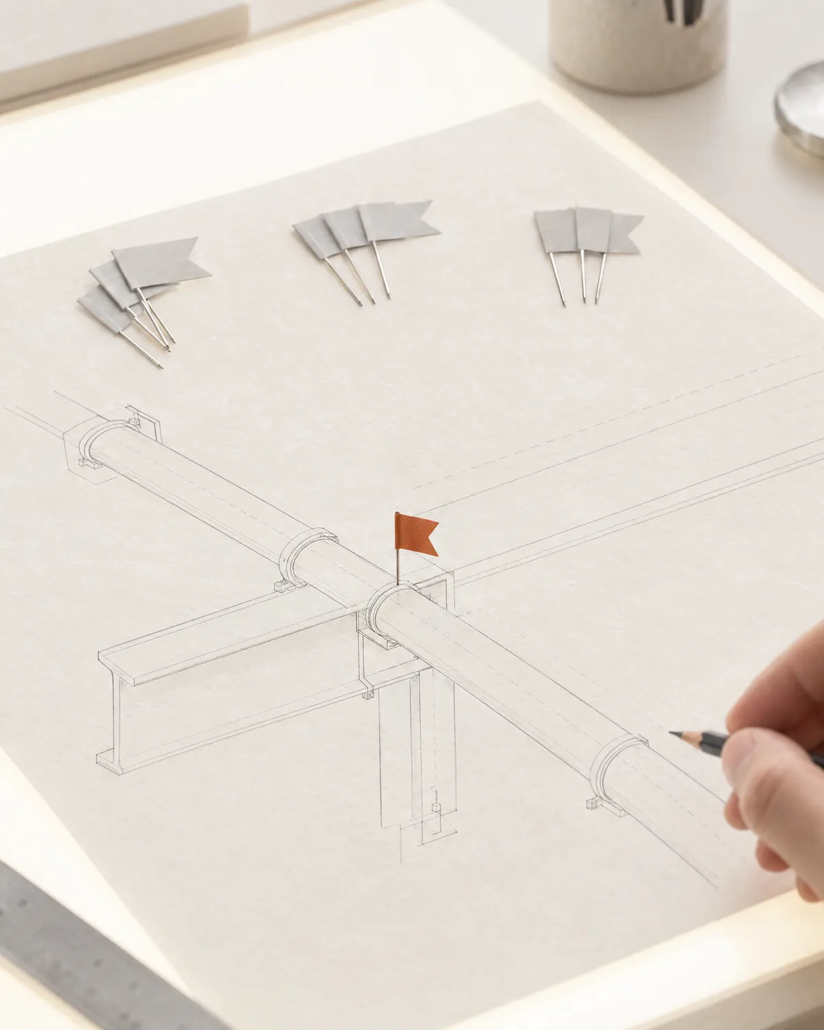 Illustration of a drawing with its flags gathered into three small groups at the edge, one rust-coloured flag on the single crossing of a pipe through a beam.