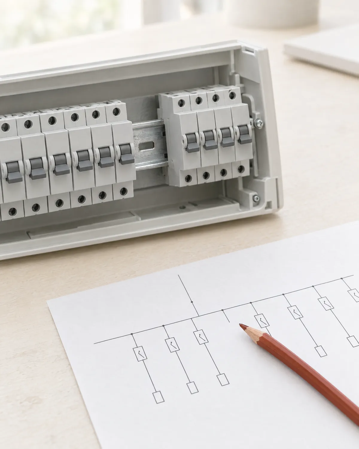 Illustration of an open panel board on a workbench with an empty space on its rail, a single line diagram beside it and a rust-coloured pencil pointing at the gap.